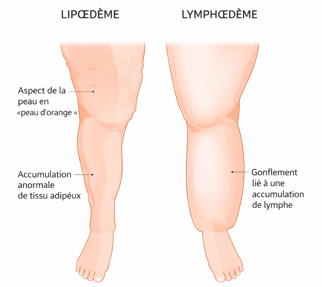 Illustration montrant la différence entre lipœdème et lymphœdème sur les jambes
